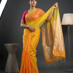 Tangerine Soft Silk Saree with Yellow Muslin Drape