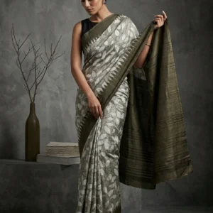 Taupe Leafy Vine Printed Semi Silk Saree