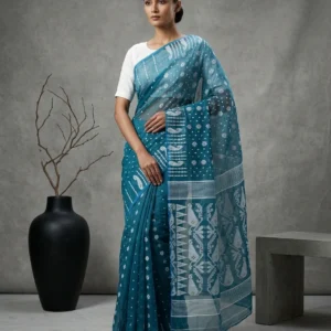 Teal Soft Jamdani Saree with Floral Motifs