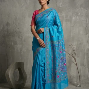Sky Blue Art Silk Saree with Shantiniketan Kantha Embroideries