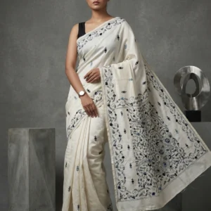 White Art Silk Saree with Grey Shantiniketan Paisley Kantha Embroideries