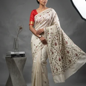 White Art Silk Saree with Maroon and Green Shantiniketan Kantha Embroideries