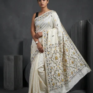 White Art Silk Saree with Yellow and Black Shantiniketan Kantha Embroideries