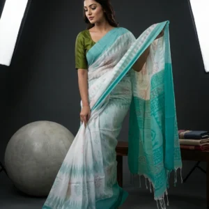 White Sambalpuri Printed Soft Cotton Saree with Green Border