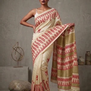 White Semi Silk Saree with Fern Printed Border