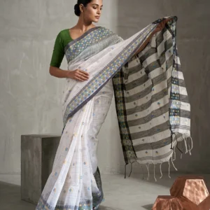 White Soft Silk Saree with Ball Motif Borders
