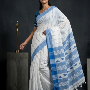 White Thread Woven Soft Cotton Saree with Blue Border