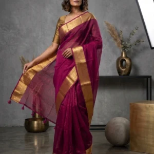 Wine Plain Semi Organza Silk Saree with Golden Border