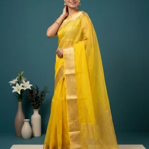 Yellow Organza Silk Sarees with Golden Border