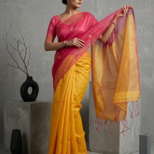 Yellow Soft Silk Saree with Pink Muslin Drape
