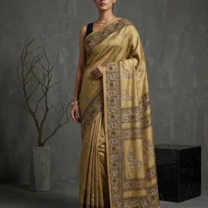 Yellow Terracotta Horse Printed Semi Silk Saree