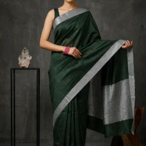 Plain Emerald Green Art Silk Saree with Silver Zari Border