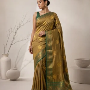 Olive Green Semi Kanjeevaram Silk Saree with Contrast Border